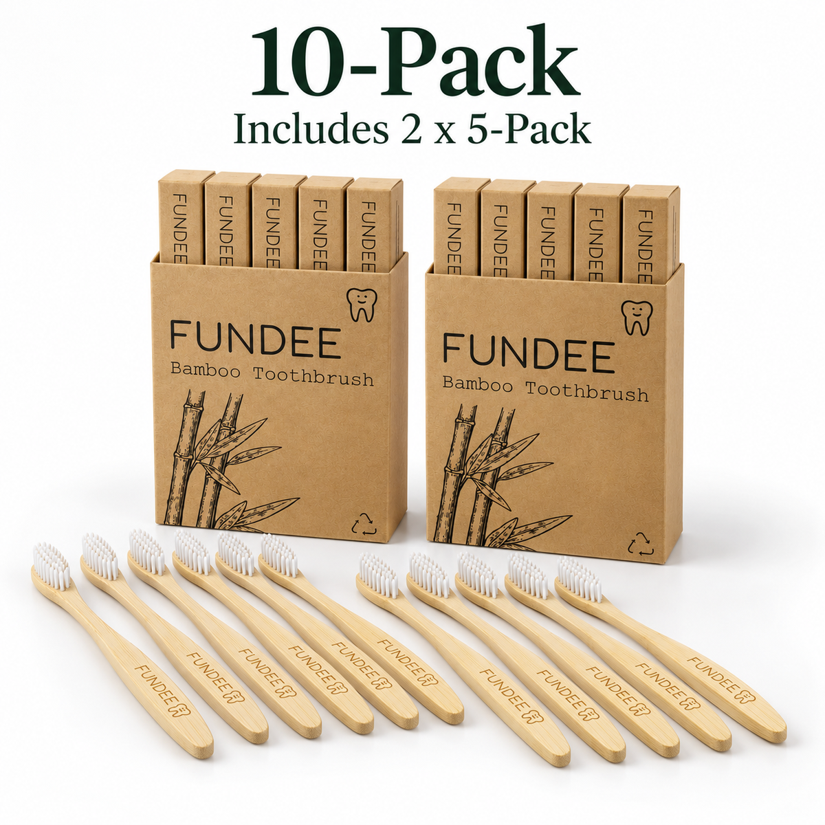 10-Pack FUNDEE Bamboo Toothbrushes | Medium BPA-Free Bristles